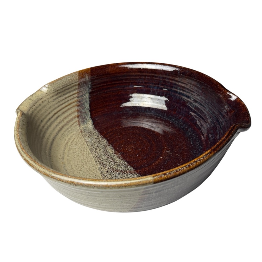 Handmade Studio Pottery Signed Shallow Bowl Earth Boho Prairie Spout Cottage 12”